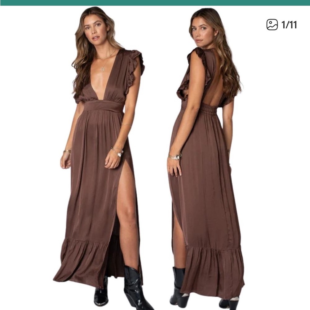 Stillwater What If Maxi Dress Pleated Ruffle Slit Boho Fairy Western Brown Small